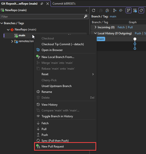 Captura de tela que mostra a janela do Repositório Git. O comando Nova Solicitação de Pull está realçado.