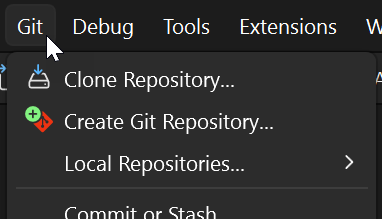 Captura de tela que mostra a opção Clonar Repositório no menu Git no Visual Studio.