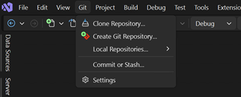 Captura de tela da opção Criar Repositório Git no menu Git no Visual Studio.