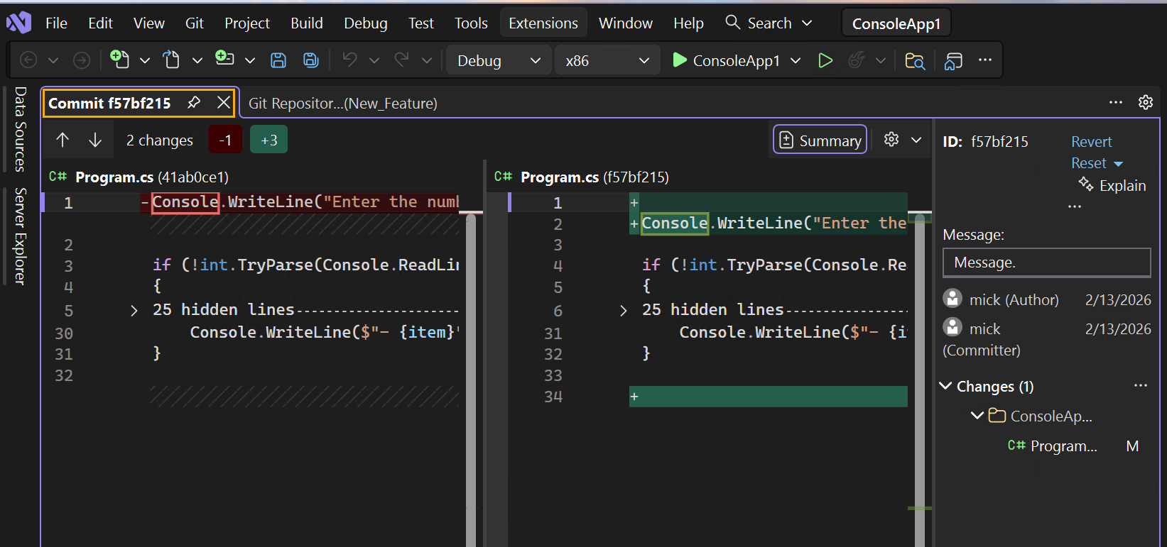 Captura de&nbsp;tela da guia de detalhes do commit.