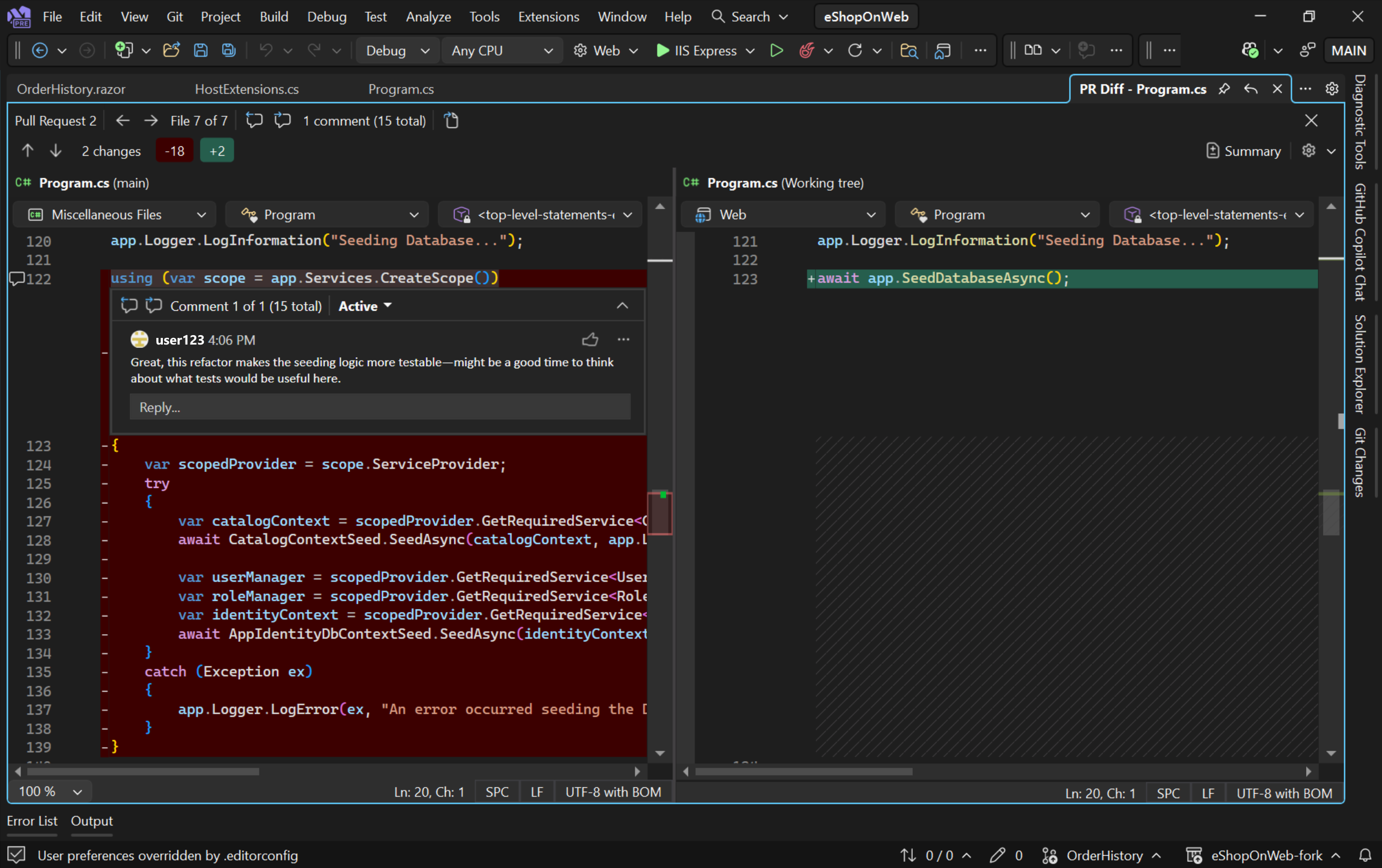 Captura de tela de um comentário de PR no modo de exibição diff.