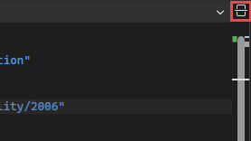 Captura de tela mostrando o painel do meio do editor de código XAML no Visual Studio com o botão Dividir realçado no canto superior direito do painel.