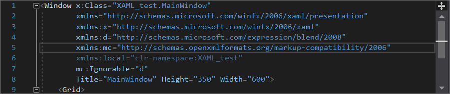 o editor de código XAML, somente no painel central, no Visual Studio