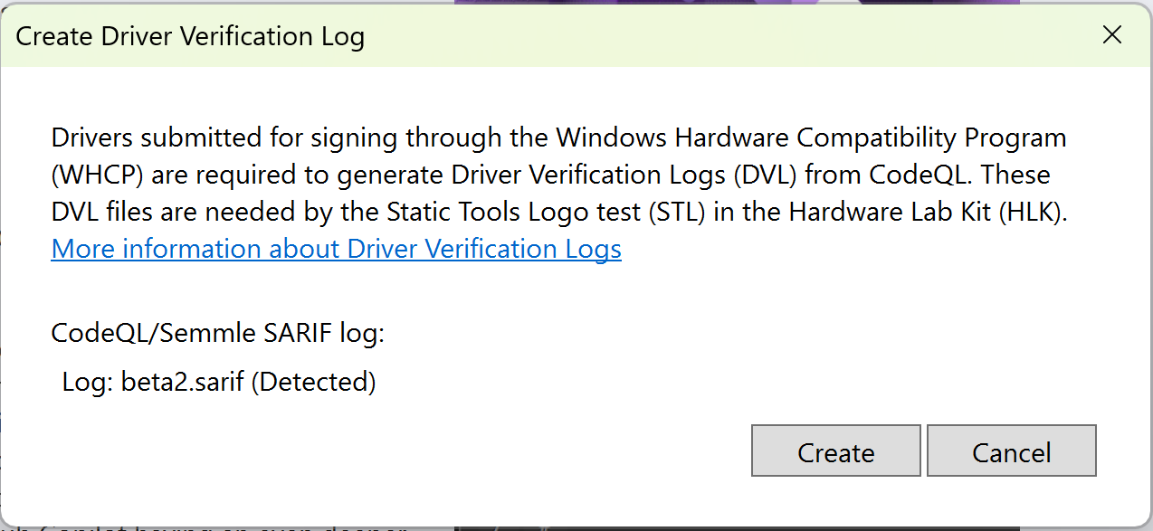 Captura de tela da notificação do Visual Studio para geração de DVL do CodeQL.