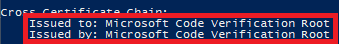 Captura de tela que mostra a saída do comando da ferramenta Sign Tool que identifica uma cadeia de certificados do tipo cruzado.
