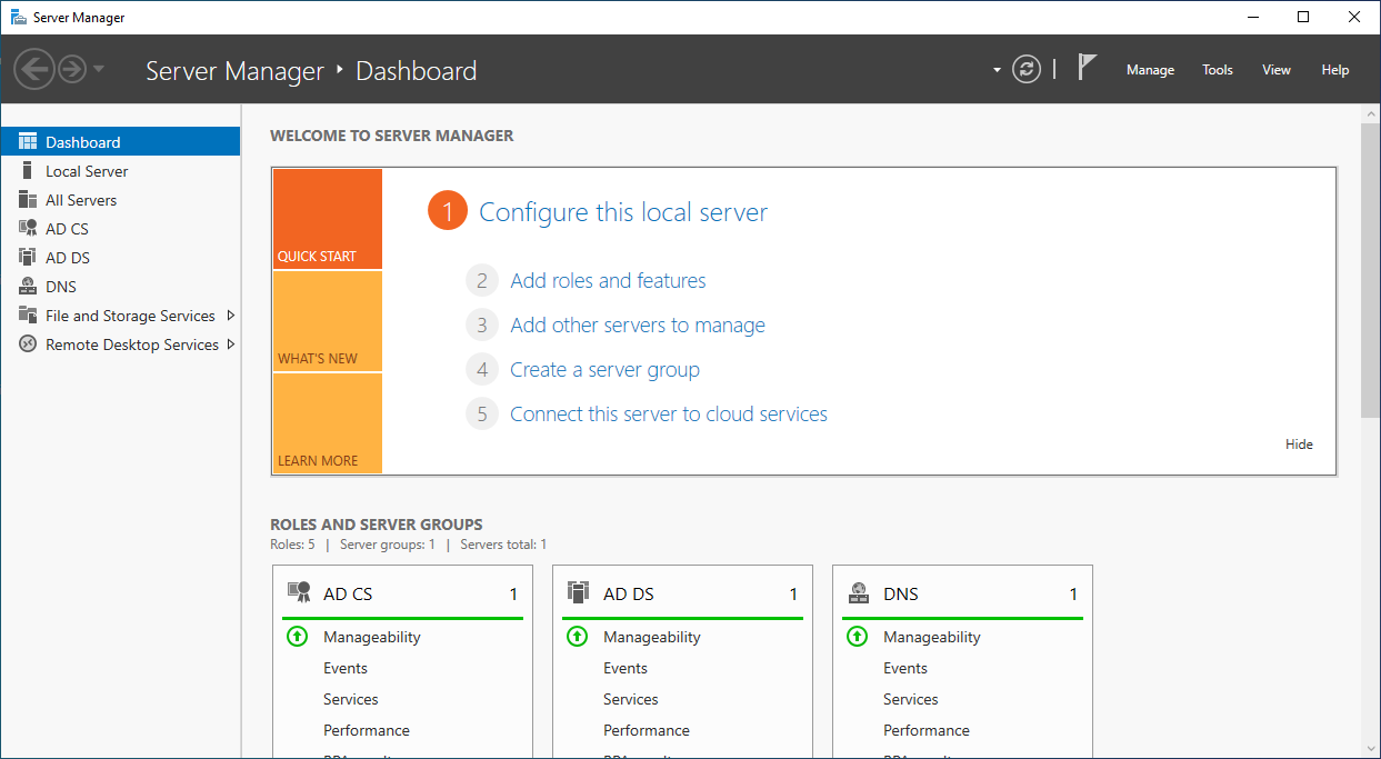 Captura de tela mostrando o Painel do Gerenciador do Servidor com opções de configuração e blocos de status para funções instaladas.