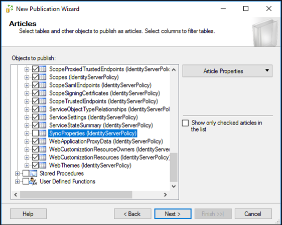 Captura de tela que mostra onde limpar a caixa de seleção SyncProperties (IdentityServerPolicy).