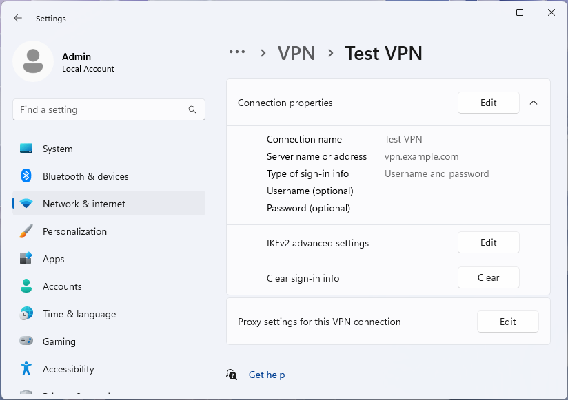 Captura de tela da página de opções avançadas de VPN para um perfil no aplicativo Configurações do Windows 11.