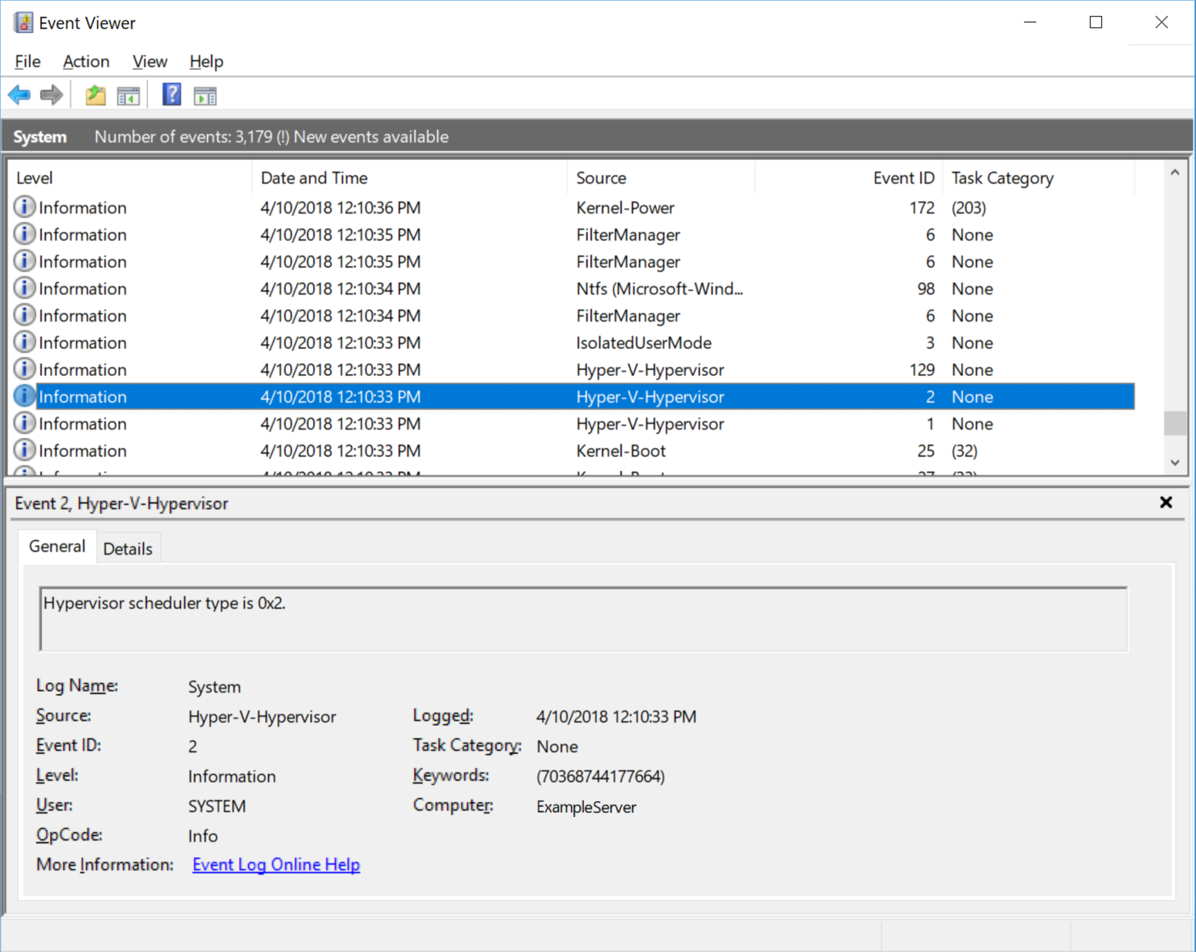 Captura de tela dos eventos no Visualizador de Eventos. Um evento de inicialização do Hyper-V-Hypervisor com uma ID de 2 está selecionado. Um painel inferior mostra os detalhes do evento.