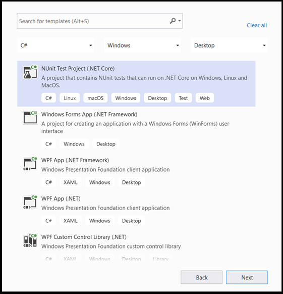Criar um novo aplicativo do Projeto de Teste do NUnit