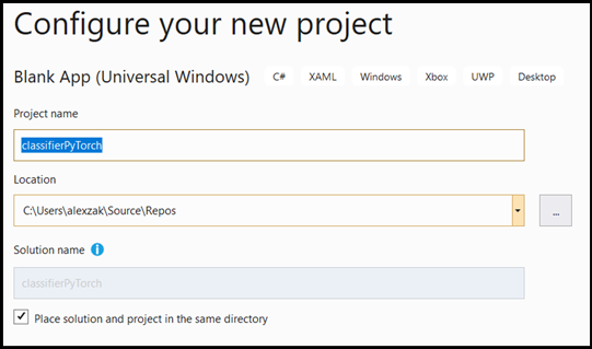 Nova configuração de aplicativo UWP