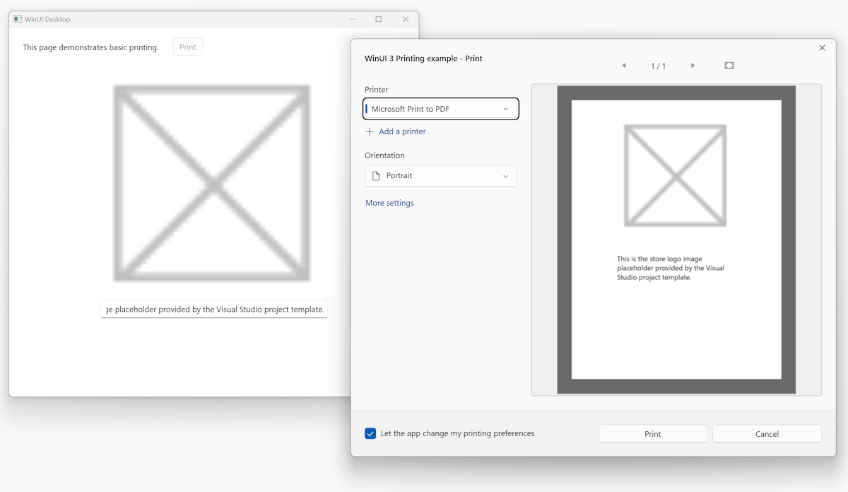 Uma captura de tela da interface do aplicativo ao lado da pré-visualização de impressão do sistema, mostrando uma imagem e uma legenda a serem impressas.