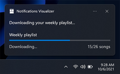 Uma captura de tela de uma notificação toast mostrando uma barra de progresso.