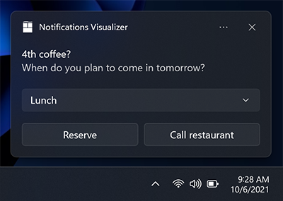 Uma captura de tela de uma notificação do aplicativo mostrando uma linha de texto, uma entrada de seleção com 