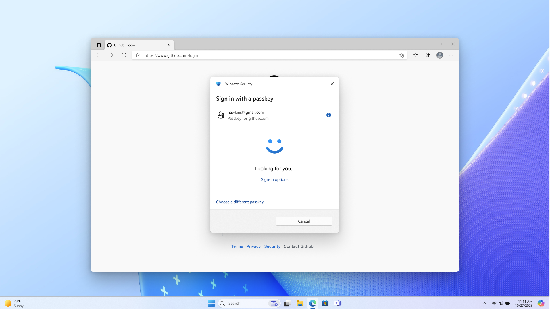 Prompt de login com chave de acesso com tela de bloqueio