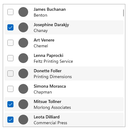 Modo de exibição de lista com vários modos de seleção