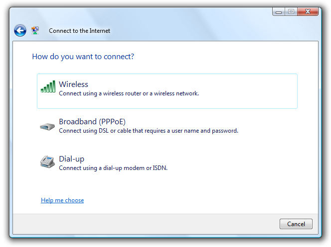 Captura de tela que mostra uma caixa de diálogo 'Conectar à Internet' com links de comando 'Wireless', 'Broadband (PPPoE)' e 'Dial-up'.