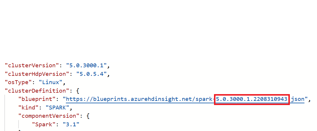 Captura de ecrã a mostrar como visualizar a versão da imagem do HDInsight.