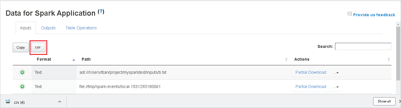 Salve dados como um arquivo . CSV da página Data for Spark Application.