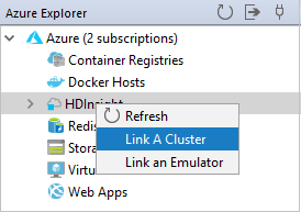 menu de cluster de links do Azure Explorer.