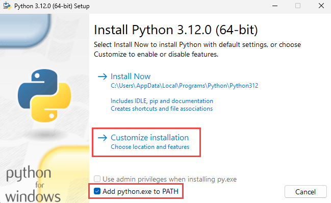 Captura de ecrã do passo 1 de Instalar Python com a caixa de seleção Adicionar Python ao PATH.