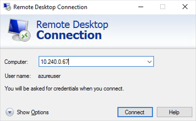 Imagem da ligação ao nó do Windows Server usando um cliente RDP
