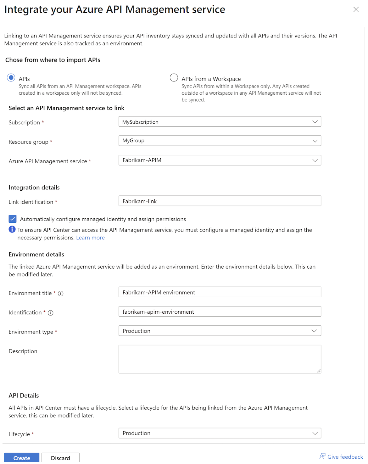 Captura de ecrã da integração de um serviço de Gestão de API do Azure no portal.