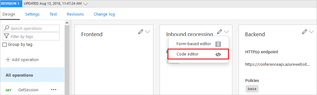 Uma captura de tela que destaca o editor de código da API na guia design.