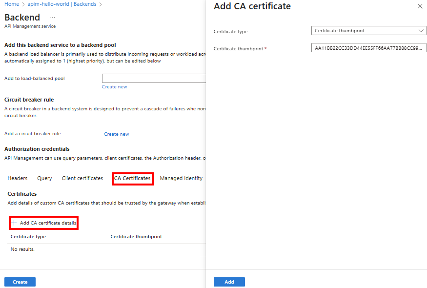 Captura de ecrã da configuração dos detalhes do certificado da CA para um backend no portal.