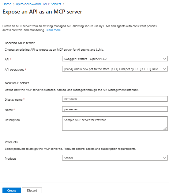 Captura de ecrã da criação de um servidor MCP no portal.