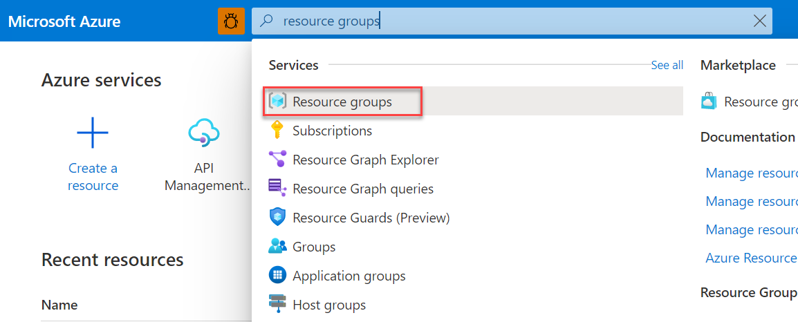 Captura de ecrã que mostra grupos de recursos na barra de pesquisa do portal.