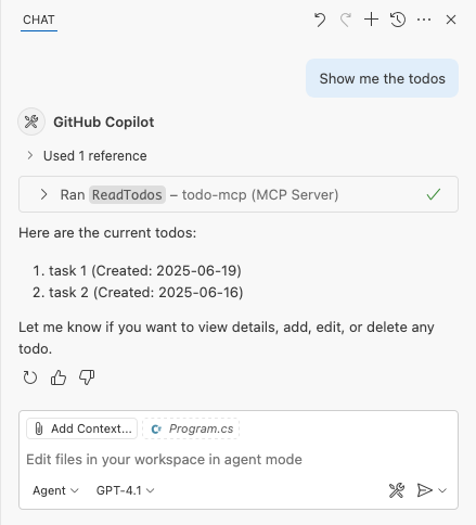 Captura de tela mostrando a resposta da chamada da ferramenta MCP na janela do GitHub Copilot Chat.