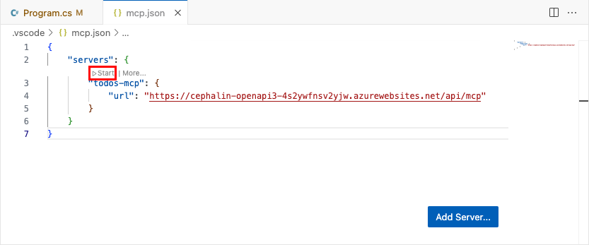 Captura de ecrã a mostrar como iniciar manualmente um servidor MCP a partir do ficheiro mcp.json local.