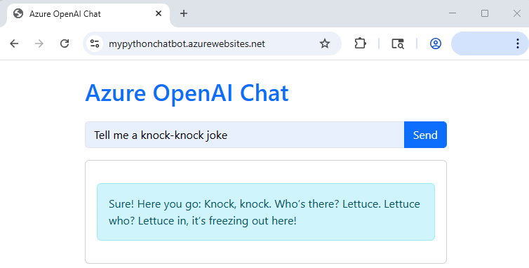 Captura de tela mostrando um chatbot em execução no Serviço de Aplicativo do Azure.