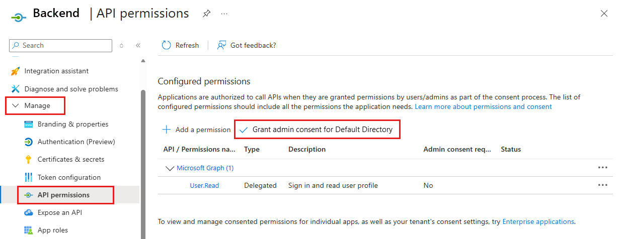 Captura de ecrã da aplicação de autenticação do portal do Azure com o botão de consentimento de administrador realçado.