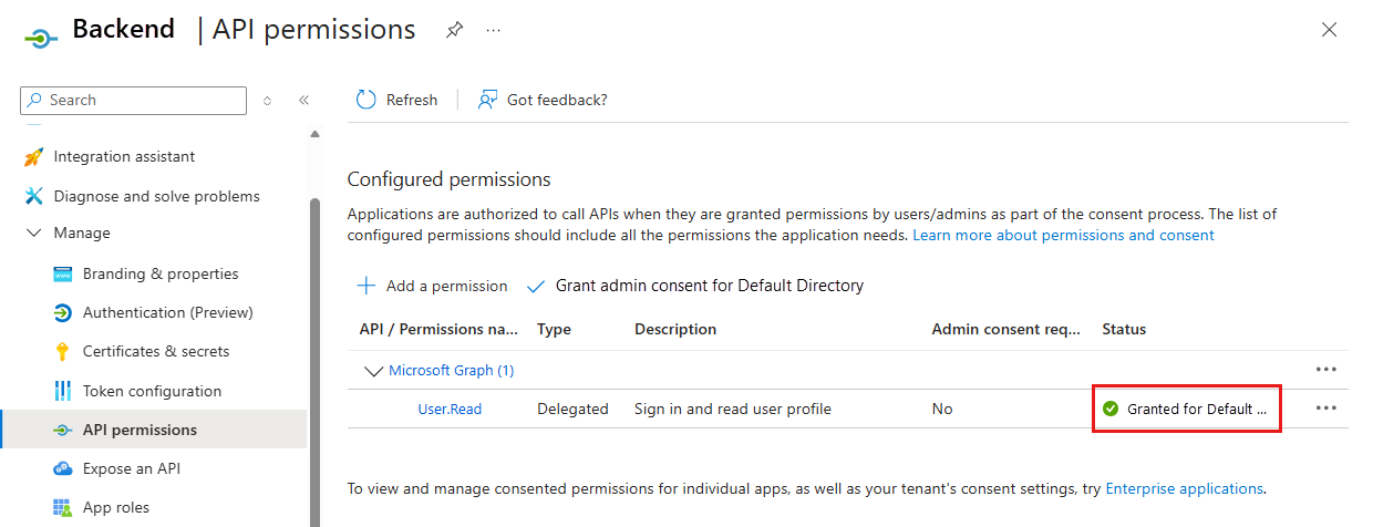 Captura de ecrã da aplicação de autenticação do portal do Azure com consentimento de administrador concedido na coluna de estado.