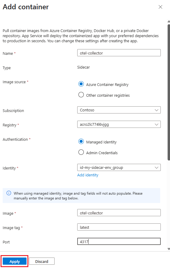 Captura de tela mostrando como configurar um contêiner de sidecar no centro de implantação de um aplicativo Web.