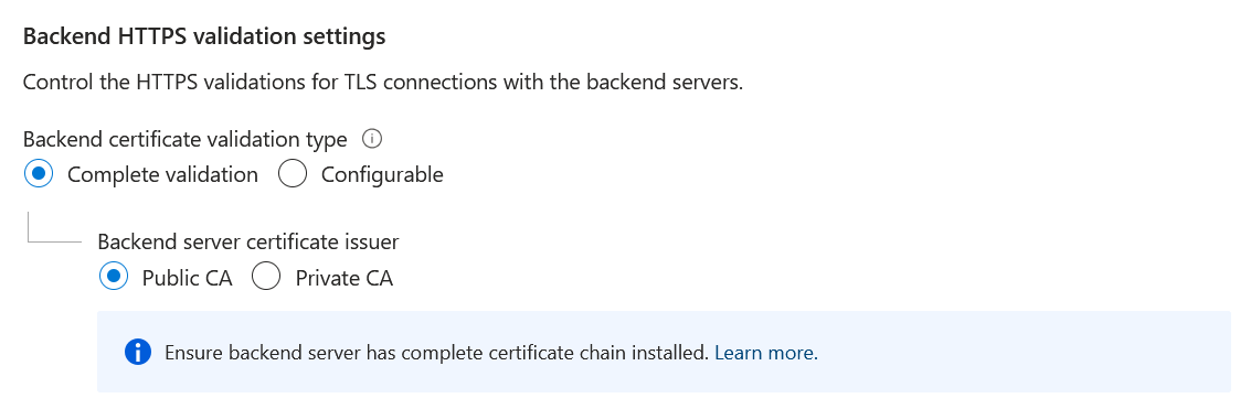Um diagrama mostrando a exibição do portal dos controles de validação TLS disponíveis para os clientes.
