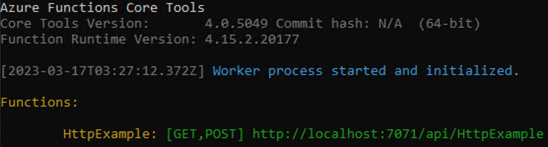Captura de ecrã da saída da janela do terminal ao executar a função localmente.
