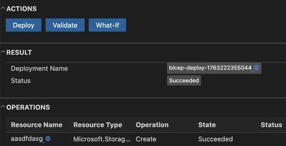 Captura de ecrã do painel de implementação no Visual Studio Code.