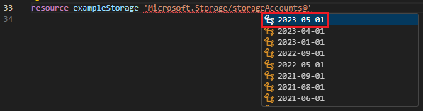 Captura de tela da versão da API selecionada para o tipo de recurso.