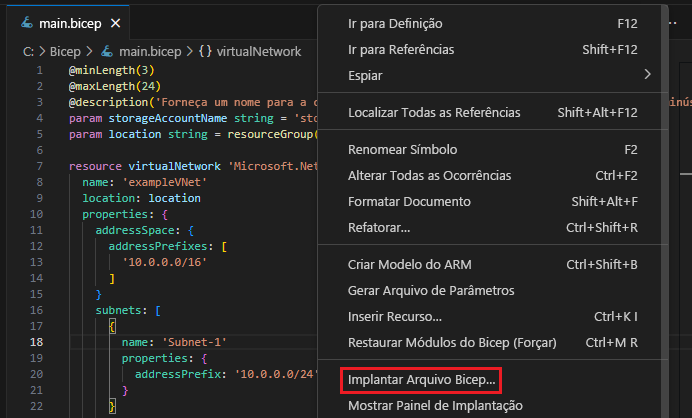 Captura de ecrã da opção para implantar o ficheiro Bicep.