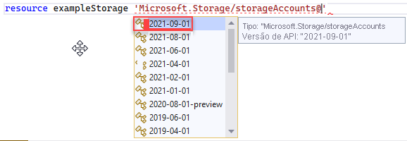 Captura de tela mostrando a seleção da versão da API para o tipo de recurso.