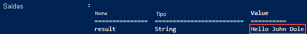 Captura de ecrã da saída do script de implementação de modelo do Azure Resource Manager, **hello world**.