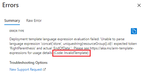 Captura de ecrã de uma mensagem de erro de validação no portal do Azure, mostrando um erro de sintaxe com o código de erro InvalidTemplate.
