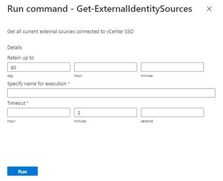 Captura de ecrã que mostra o cmdlet Get-ExternalIdentitySources no menu Executar comando.