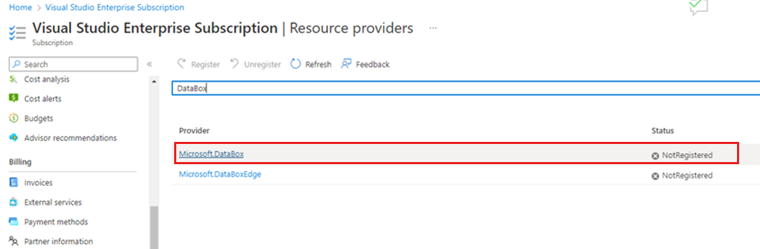 Captura de tela mostra como registrar o provedor de recursos.