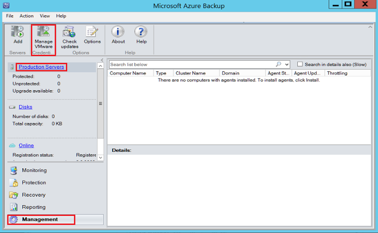 A captura de tela mostra o console do Servidor de Backup do Azure.