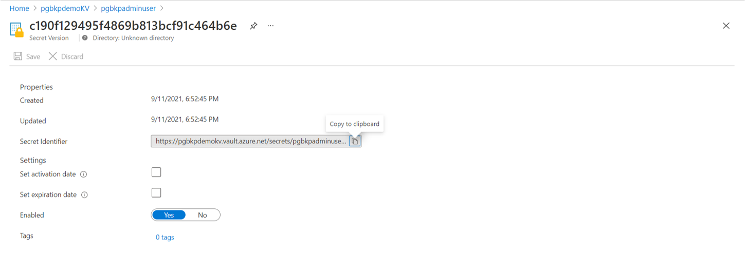 Captura de ecrã que mostra como obter um segredo URI.