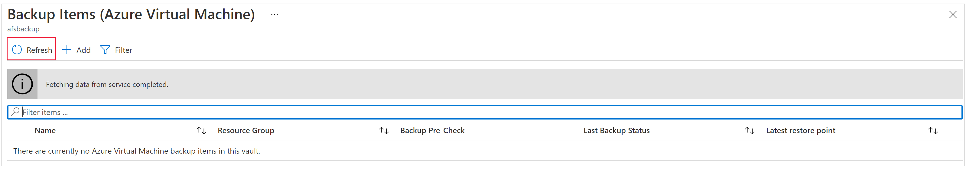 Captura de ecrã que mostra a página de Itens de Backup.